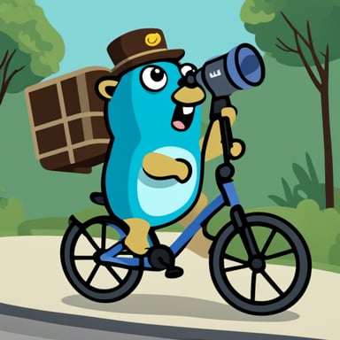 A go blue gopher with a bike, using a megaphone.