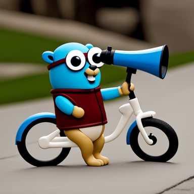 A go blue gopher with a bike, using a megaphone.