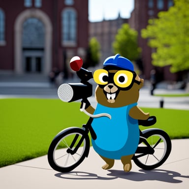 A go blue gopher with a bike, using a megaphone.