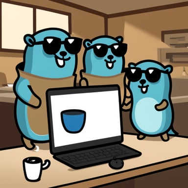 Four gopher pals, including Go Blue Gopher, coding together with coffee.
