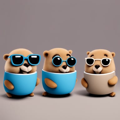Four gopher pals, including Go Blue Gopher, coding together with coffee.