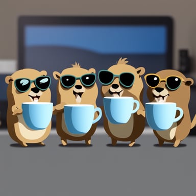 Four gopher pals, including Go Blue Gopher, coding together with coffee.