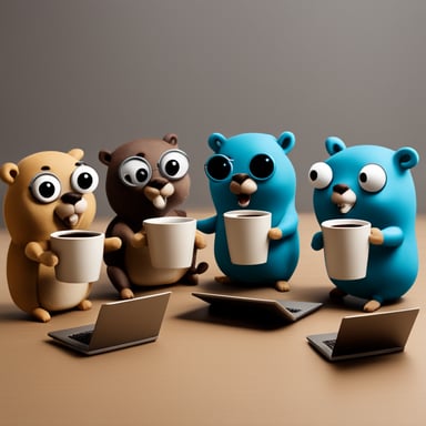 Four gopher pals, including Go Blue Gopher, coding together with coffee.