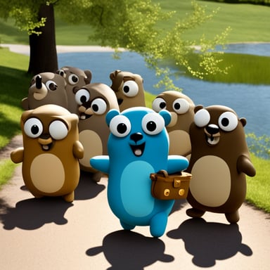 A group of gophers and Go Blue Gopher wants to get away, but the others hold him back.