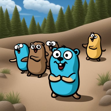 A group of gophers and Go Blue Gopher wants to get away, but the others hold him back.