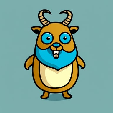 Go Blue Gopher with goat horns and beard, standing straight. 2D sprite. Cartoon.