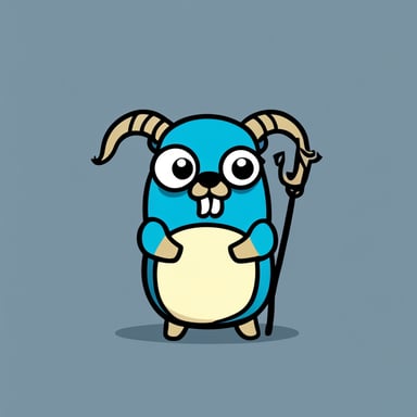 Go Blue Gopher with goat horns and beard, standing straight. 2D sprite. Cartoon.
