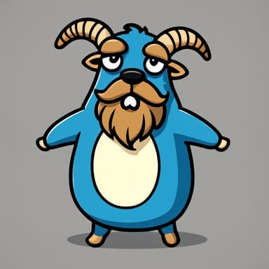 Go Blue Gopher with goat horns and beard, standing straight. 2D sprite. Cartoon.