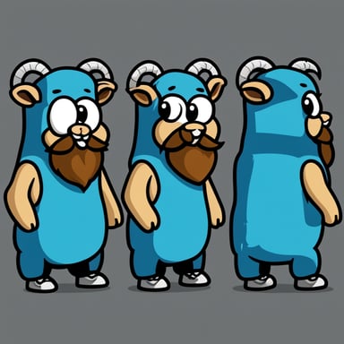 Go Blue Gopher with goat horns and beard, standing straight. 2D sprite. Cartoon.