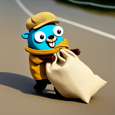 Go Blue Gopher dragging a sack made up of linen on his back.