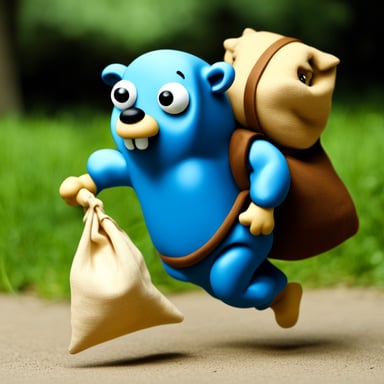 Go Blue Gopher dragging a sack made up of linen on his back.