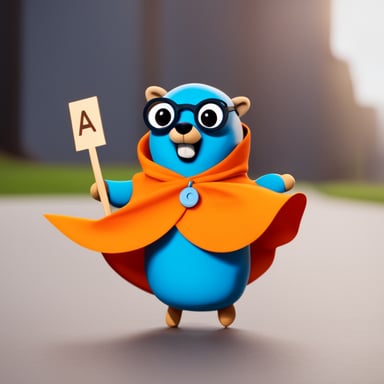Go Blue Gopher, wearing an orange cape and a letter A on his chest, is ready for action.