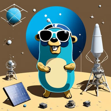 Go blue gopher wearing sunglasses looking at an array of satellites and antennas from Telesat.