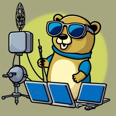 Go blue gopher wearing sunglasses looking at an array of satellites and antennas from Telesat.