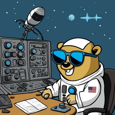 Go blue gopher wearing sunglasses looking at an array of satellites and antennas from Telesat.