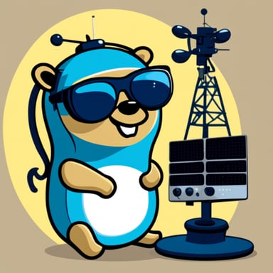 Go blue gopher wearing sunglasses looking at an array of satellites and antennas from Telesat.