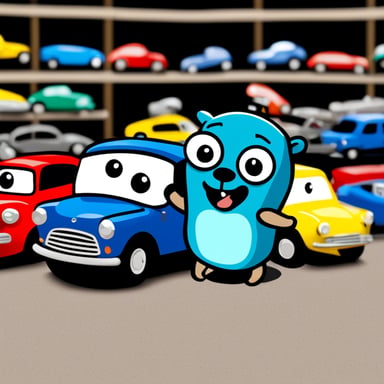 Go Blue Gopher is happy playing with some cars.