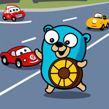 Go Blue Gopher is happy playing with some cars.