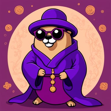 Go Blue Gopher, dressed in glasses and a purple outfit as a Chinese feng shui fortune teller, predicts prosperity and harmony in your environment.