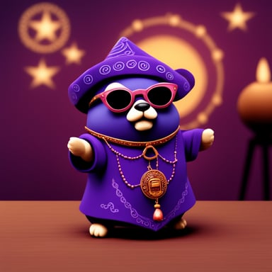 Go Blue Gopher, dressed in glasses and a purple outfit as a Chinese feng shui fortune teller, predicts prosperity and harmony in your environment.