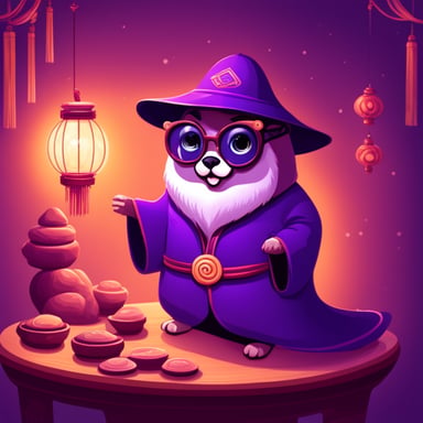Go Blue Gopher, dressed in glasses and a purple outfit as a Chinese feng shui fortune teller, predicts prosperity and harmony in your environment.