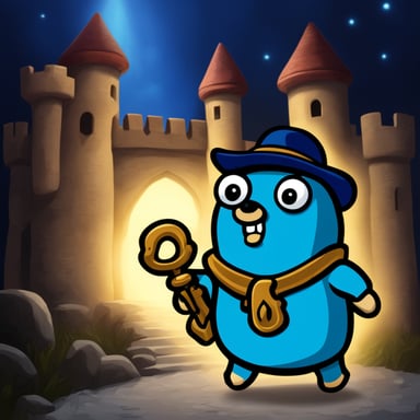 Go Blue Gopher as the castle's key-holder in front of a dark castle with a dark ambiance.