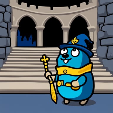 Go Blue Gopher as the castle's key-holder in front of a dark castle with a dark ambiance.