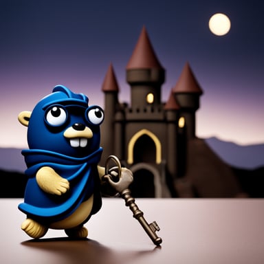 Go Blue Gopher as the castle's key-holder in front of a dark castle with a dark ambiance.