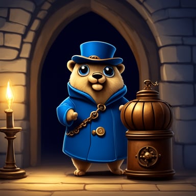 Go Blue Gopher, the castle key-holder, stands in the passageway at the entrance of the castle, holding an antique oil lamp and a key ring with many keys in a dark atmosphere.