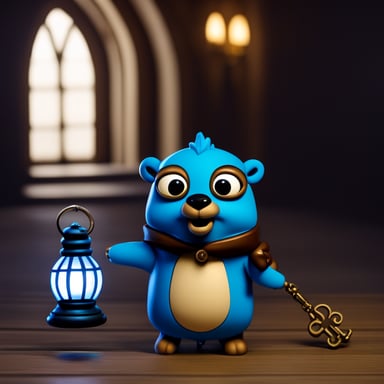Go Blue Gopher, the castle key-holder, stands in the passageway at the entrance of the castle, holding an antique oil lamp and a key ring with many keys in a dark atmosphere.