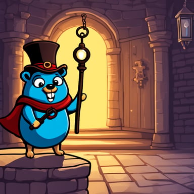Go Blue Gopher, the castle key-holder, stands in the passageway at the entrance of the castle, holding an antique oil lamp and a key ring with many keys in a dark atmosphere.