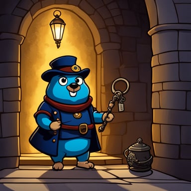 Go Blue Gopher, the castle key-holder, stands in the passageway at the entrance of the castle, holding an antique oil lamp and a key ring with many keys in a dark atmosphere.