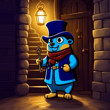 Go Blue Gopher, the castle key-holder, stands in the passageway at the entrance of the castle, holding an antique oil lamp and a key ring with many keys, surrounded by a dark atmosphere.