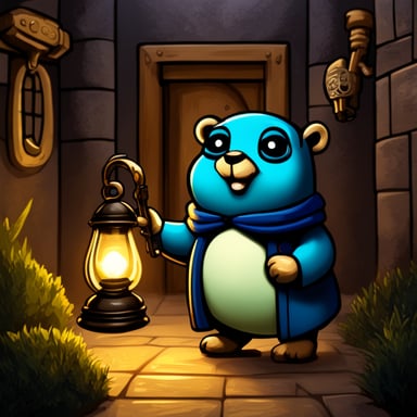 Go Blue Gopher, the castle key-holder, stands in the passageway at the entrance of the castle, holding an antique oil lamp and a key ring with many keys, surrounded by a dark atmosphere.