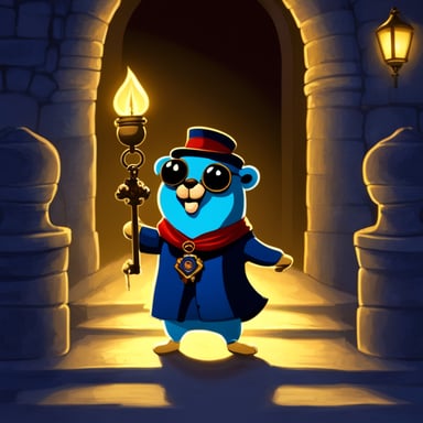 Go Blue Gopher, the castle key-holder, stands in the passageway at the entrance of the castle, holding an antique oil lamp and a key ring with many keys, surrounded by a dark atmosphere.
