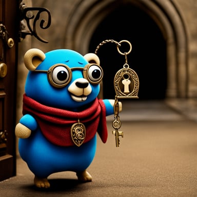 Go Blue Gopher, the castle key-holder, stands in the passageway at the entrance of the castle, holding an antique oil lamp and a key ring with many keys, surrounded by a dark atmosphere.
