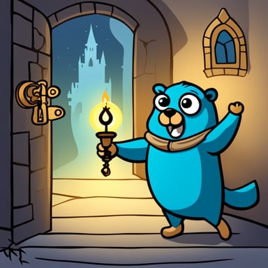A cartoon illustrator of Go Blue Gopher as a castle key-holder in the passageway of the castle entrance, holding an antique oil lamp and a key ring with many keys in a dark environment.