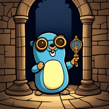 A cartoon illustrator of Go Blue Gopher as a castle key-holder in the passageway of the castle entrance, holding an antique oil lamp and a key ring with many keys in a dark environment.