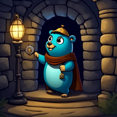 A cartoon illustrator of Go Blue Gopher as a castle key-holder in the passageway of the castle entrance, holding an antique oil lamp and a key ring with many keys in a dark environment.