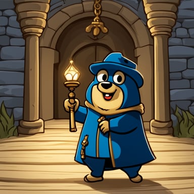 A cartoon illustrator of Go Blue Gopher as a castle key-holder in the passageway of the castle entrance, holding an antique oil lamp and a key ring with many keys in a dark environment.