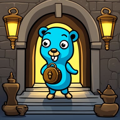 Generate a cartoon of Go Blue Gopher as a castle key-holder in the passageway of the castle entrance holding an antique oil lamp and a key ring with many keys in a dark environment.