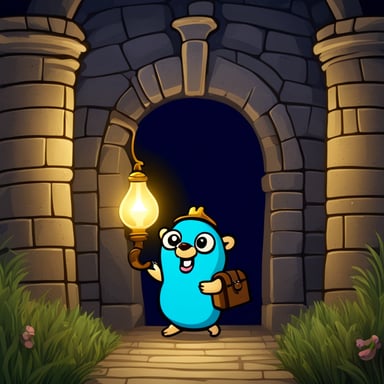 Generate a cartoon of Go Blue Gopher as a castle key-holder in the passageway of the castle entrance holding an antique oil lamp and a key ring with many keys in a dark environment.