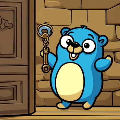 Generate a cartoon of Go Blue Gopher as a castle key-holder in the passageway of the castle entrance holding an antique oil lamp and a key ring with many keys in a dark environment.