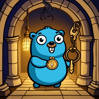 Generate a cartoon of Go Blue Gopher as a castle key-holder in the passageway of the castle entrance holding an antique oil lamp and a key ring with many keys in a dark environment.