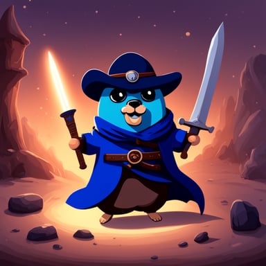 Go Blue Gopher with a sword and a dark coat.