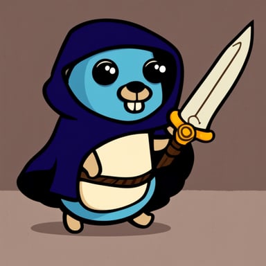 Go Blue Gopher with a sword and a dark coat.