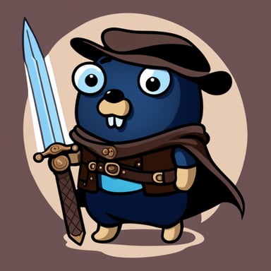 Go Blue Gopher with a sword and a dark coat.