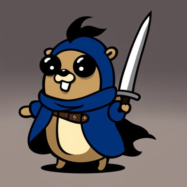 Go Blue Gopher with a sword and a dark coat.