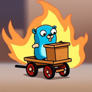 Go Blue Gopher pulls a cart in fire.
