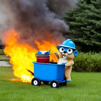 Go Blue Gopher pulls a cart in fire.